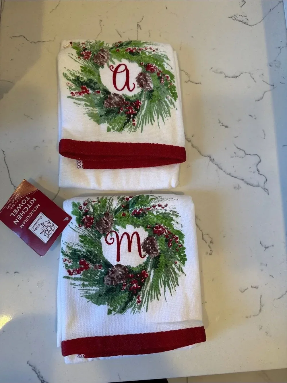WONDERLAND Red and Green Monogram Holiday Kitchen Towel set 2